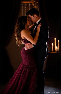 A passionate and intimate scene featuring a couple dressed in elegant black and burgundy attire
