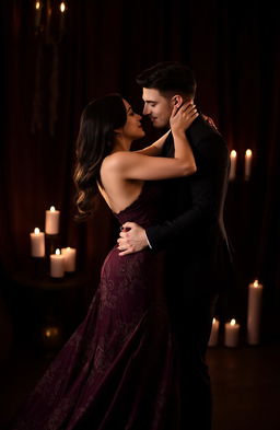 A passionate and intimate scene featuring a couple dressed in elegant black and burgundy attire
