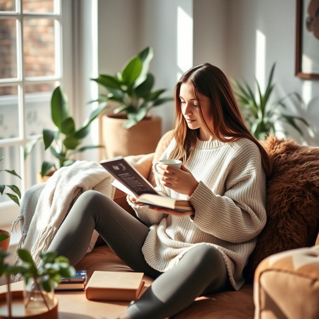 A young woman in a cozy home setting