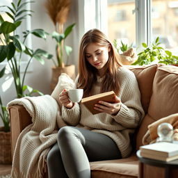 A young woman in a cozy home setting