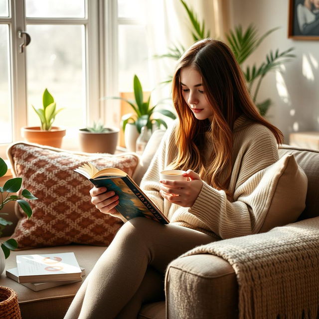 A young woman in a cozy home setting