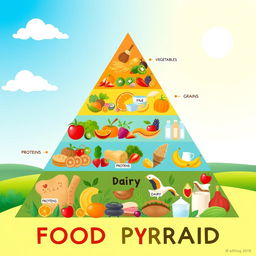 A beautifully illustrated food pyramid that showcases various food groups in a colorful and appealing manner