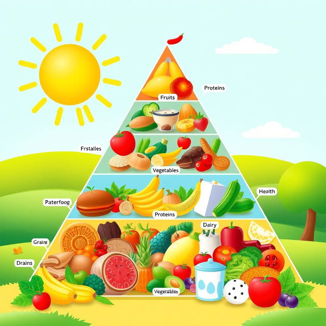 A beautifully illustrated food pyramid that showcases various food groups in a colorful and appealing manner