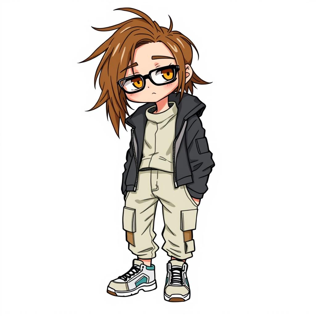 An androgynous individual with wild brown hair, droopy amber colored eyes, and a mole under each eye