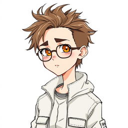 An androgynous individual with wild brown hair, droopy amber colored eyes, and a mole under each eye