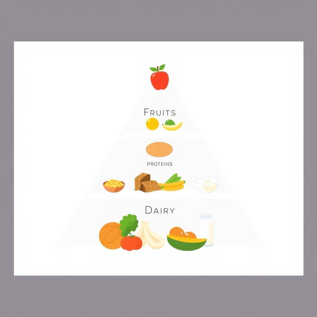 A minimalist food pyramid design with no borders or margins, showcasing the various food groups in a clean and simple style