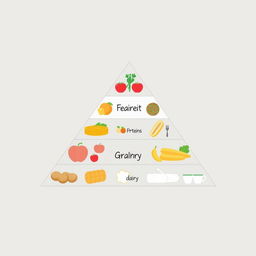 A minimalist food pyramid design with no borders or margins, showcasing the various food groups in a clean and simple style