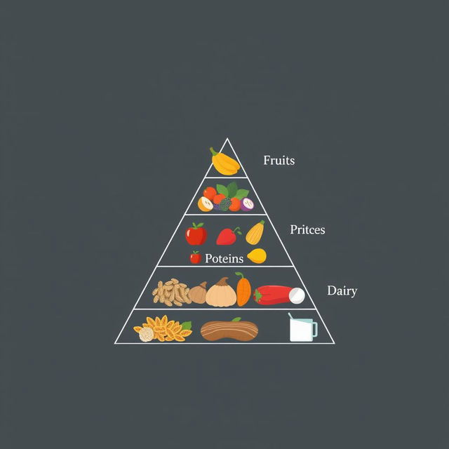 A minimalist food pyramid design with no borders or margins, showcasing the various food groups in a clean and simple style