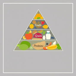 A minimalist food pyramid design with no borders or margins, showcasing the various food groups in a clean and simple style