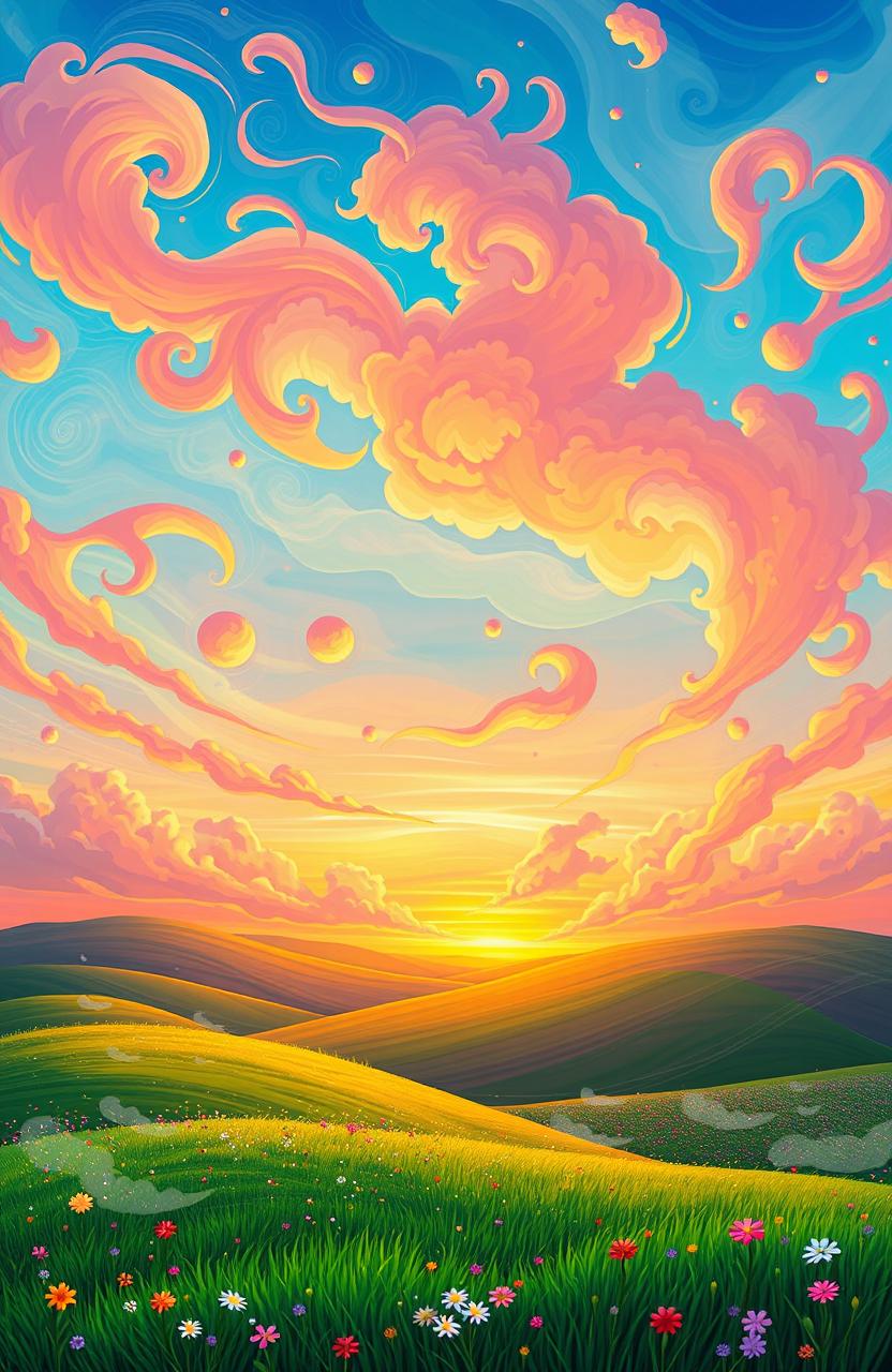 A stunning digital painting featuring a whimsical and artistic sky filled with vibrant colors, swirling patterns, and an array of unique cloud shapes