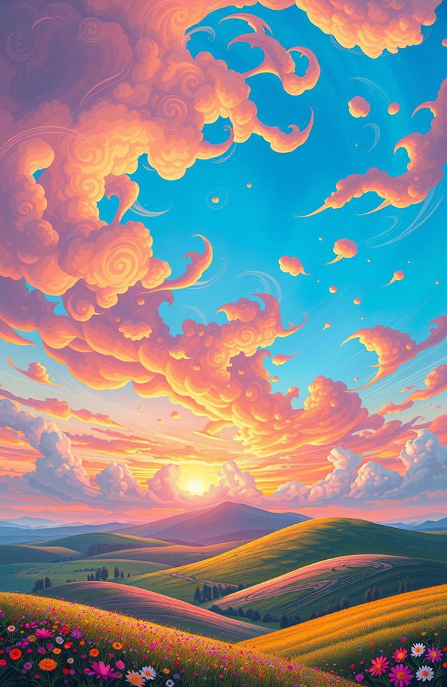 A stunning digital painting featuring a whimsical and artistic sky filled with vibrant colors, swirling patterns, and an array of unique cloud shapes