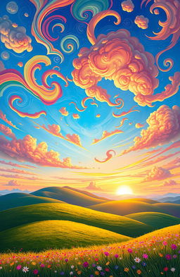 A stunning digital painting featuring a whimsical and artistic sky filled with vibrant colors, swirling patterns, and an array of unique cloud shapes