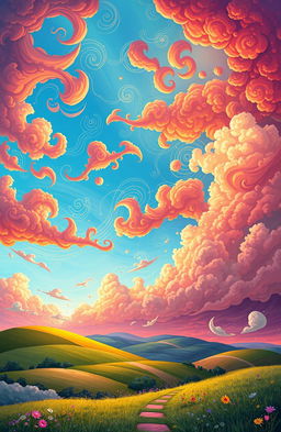 A stunning digital painting featuring a whimsical and artistic sky filled with vibrant colors, swirling patterns, and an array of unique cloud shapes