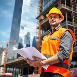 A civil engineer in a hard hat and safety vest is standing confidently in front of a modern, glassy skyscraper under construction