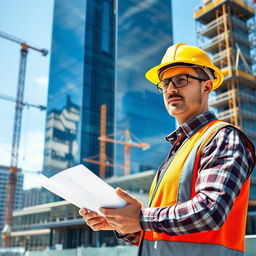 A civil engineer in a hard hat and safety vest is standing confidently in front of a modern, glassy skyscraper under construction