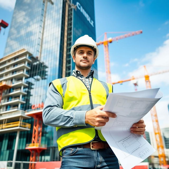 A civil engineer in a hard hat and safety vest is standing confidently in front of a modern, glassy skyscraper under construction