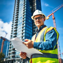A civil engineer in a hard hat and safety vest is standing confidently in front of a modern, glassy skyscraper under construction