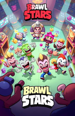 A dynamic and colorful illustration inspired by the mobile game Brawl Stars, featuring whimsical characters engaged in playful combat in a vibrant arena