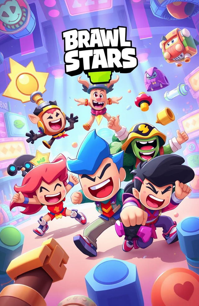 A dynamic and colorful illustration inspired by the mobile game Brawl Stars, featuring whimsical characters engaged in playful combat in a vibrant arena