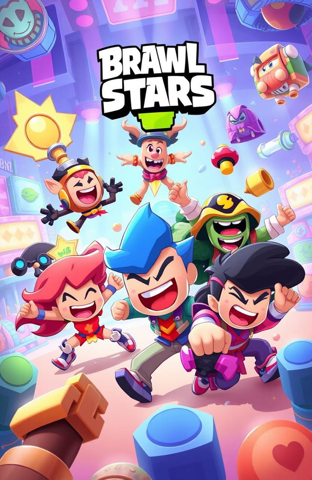 A dynamic and colorful illustration inspired by the mobile game Brawl Stars, featuring whimsical characters engaged in playful combat in a vibrant arena