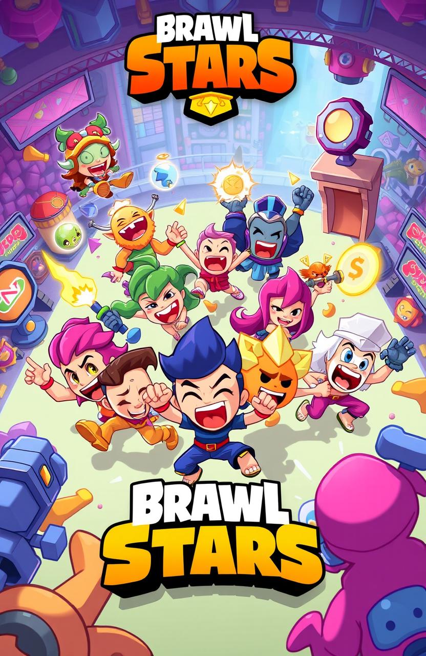 A dynamic and colorful illustration inspired by the mobile game Brawl Stars, featuring whimsical characters engaged in playful combat in a vibrant arena