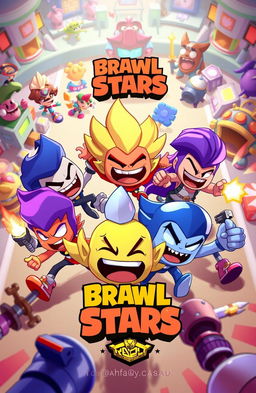 A dynamic and colorful illustration inspired by the mobile game Brawl Stars, featuring whimsical characters engaged in playful combat in a vibrant arena