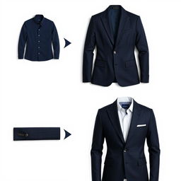 A transformation of a casual shirt into a stylish blazer, showcasing a tailored fit and refined design