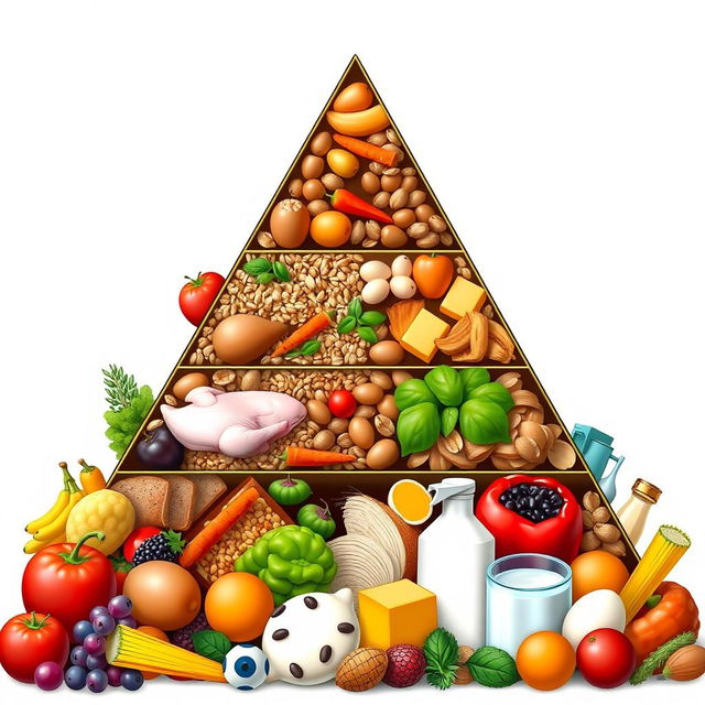 A detailed food pyramid design with no background, ensuring all focus is on the pyramid itself