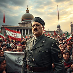 An alternate history depiction of Adolf Hitler during the Iranian Revolution of 1979, showcasing him in a surreal, anachronistic setting