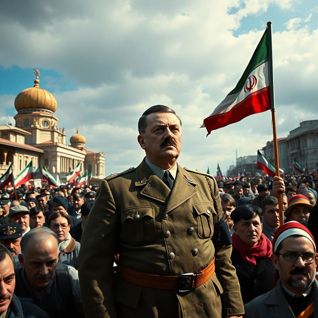 An alternate history depiction of Adolf Hitler during the Iranian Revolution of 1979, showcasing him in a surreal, anachronistic setting