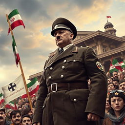 An alternate history depiction of Adolf Hitler during the Iranian Revolution of 1979, showcasing him in a surreal, anachronistic setting