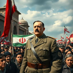 An alternate history depiction of Adolf Hitler during the Iranian Revolution of 1979, showcasing him in a surreal, anachronistic setting