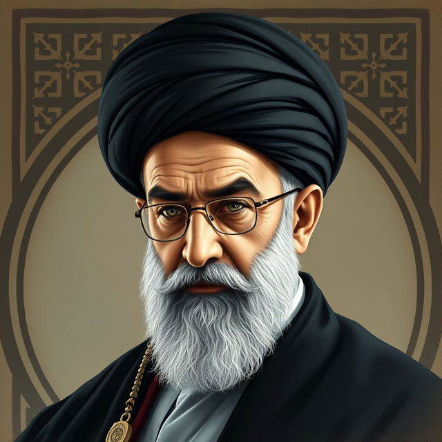 A detailed portrait of Ayatollah Ali Khamenei, the Iranian Supreme Leader, depicted in a regal and authoritative stance