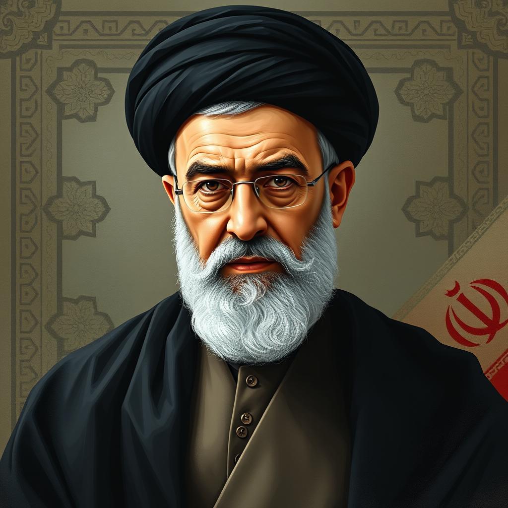 A detailed portrait of Ayatollah Ali Khamenei, the Iranian Supreme Leader, depicted in a regal and authoritative stance