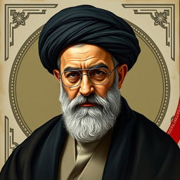 A detailed portrait of Ayatollah Ali Khamenei, the Iranian Supreme Leader, depicted in a regal and authoritative stance