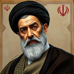 A detailed portrait of Ayatollah Ali Khamenei, the Iranian Supreme Leader, depicted in a regal and authoritative stance