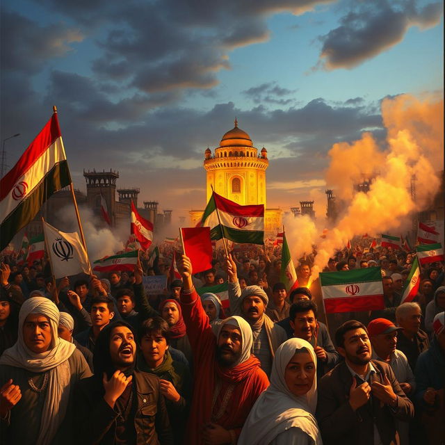 A dramatic and vivid representation of the 1979 Iranian Revolution, capturing the emotions of the time with passionate crowds in the streets of Tehran, holding banners and flags