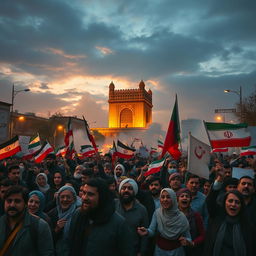 A dramatic and vivid representation of the 1979 Iranian Revolution, capturing the emotions of the time with passionate crowds in the streets of Tehran, holding banners and flags