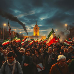 A dramatic and vivid representation of the 1979 Iranian Revolution, capturing the emotions of the time with passionate crowds in the streets of Tehran, holding banners and flags