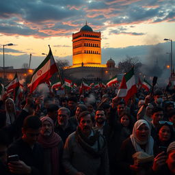 A dramatic and vivid representation of the 1979 Iranian Revolution, capturing the emotions of the time with passionate crowds in the streets of Tehran, holding banners and flags