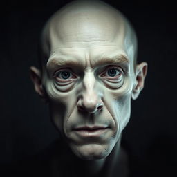 A close-up of a man with a dramatically thin, gaunt face that looks almost lifeless, emphasizing high cheekbones and sunken eyes