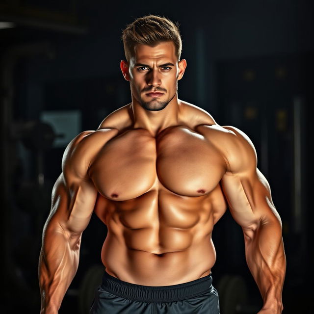 A muscular man showcasing a bulked-up physique with defined muscles and a strong stance