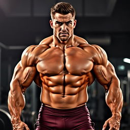 A muscular man showcasing a bulked-up physique with defined muscles and a strong stance