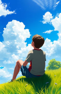 A digital painting of a boy enjoying a moment of relaxation, seated with his back to the viewer, looking up at a stunning blue sky filled with fluffy white clouds