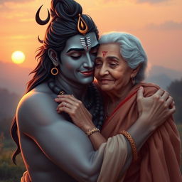 A serene scene depicting Lord Shiva, the Hindu deity, embracing an elderly lady with love and compassion