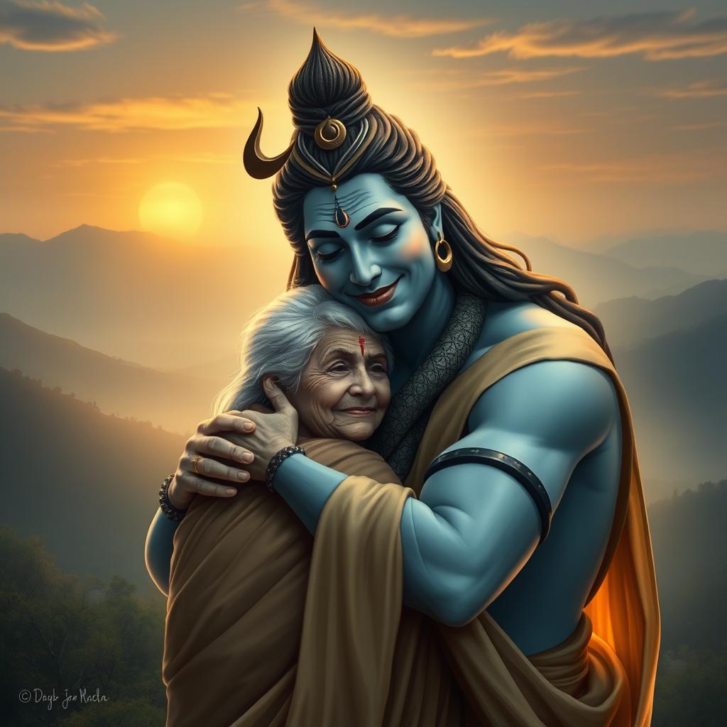 A serene scene depicting Lord Shiva, the Hindu deity, embracing an elderly lady with love and compassion