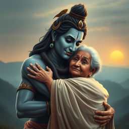 A serene scene depicting Lord Shiva, the Hindu deity, embracing an elderly lady with love and compassion