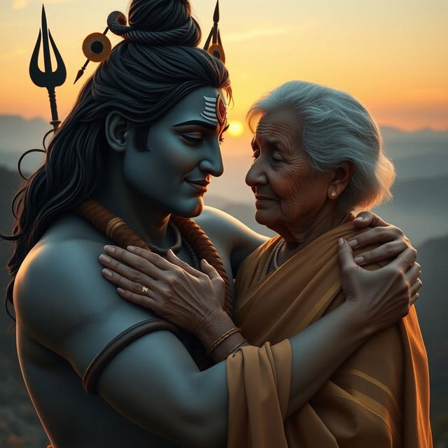 A serene scene depicting Lord Shiva, the Hindu deity, embracing an elderly lady with love and compassion