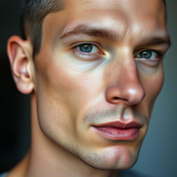 A close-up of a man with a significantly thinner face, featuring prominent high cheekbones and a defined jawline