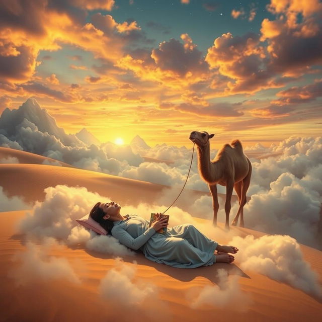 A surreal depiction of a person dreaming about sending a parcel using a camel